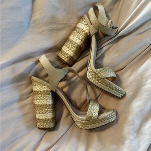 Women's Tan and Cream Woven Heel Sandals